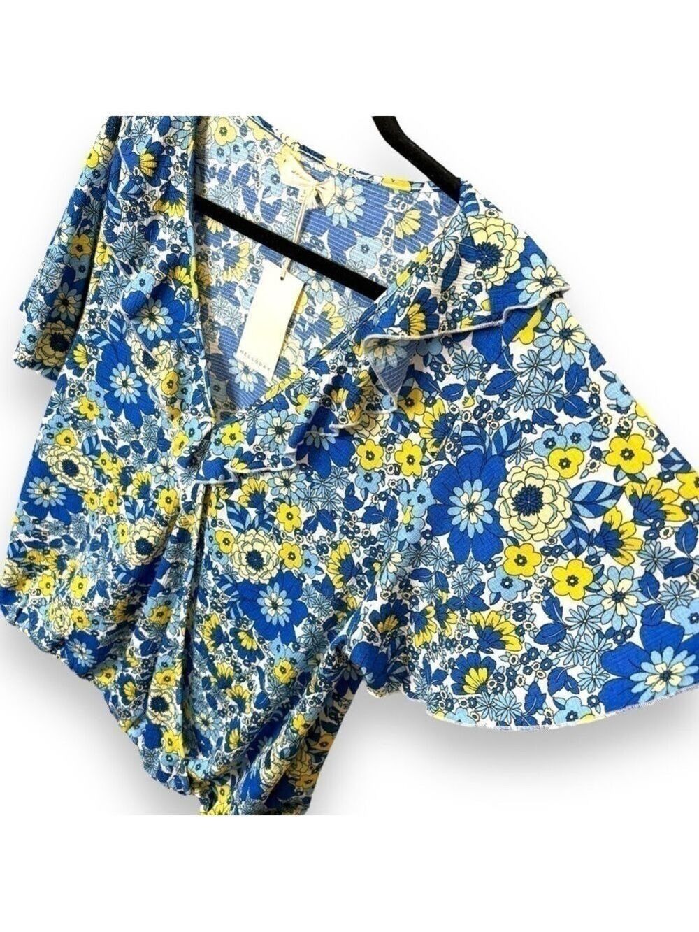 NWT Melloday Blue Yellow Floral Ruffle Top - Size Large - Picture 3 of 7